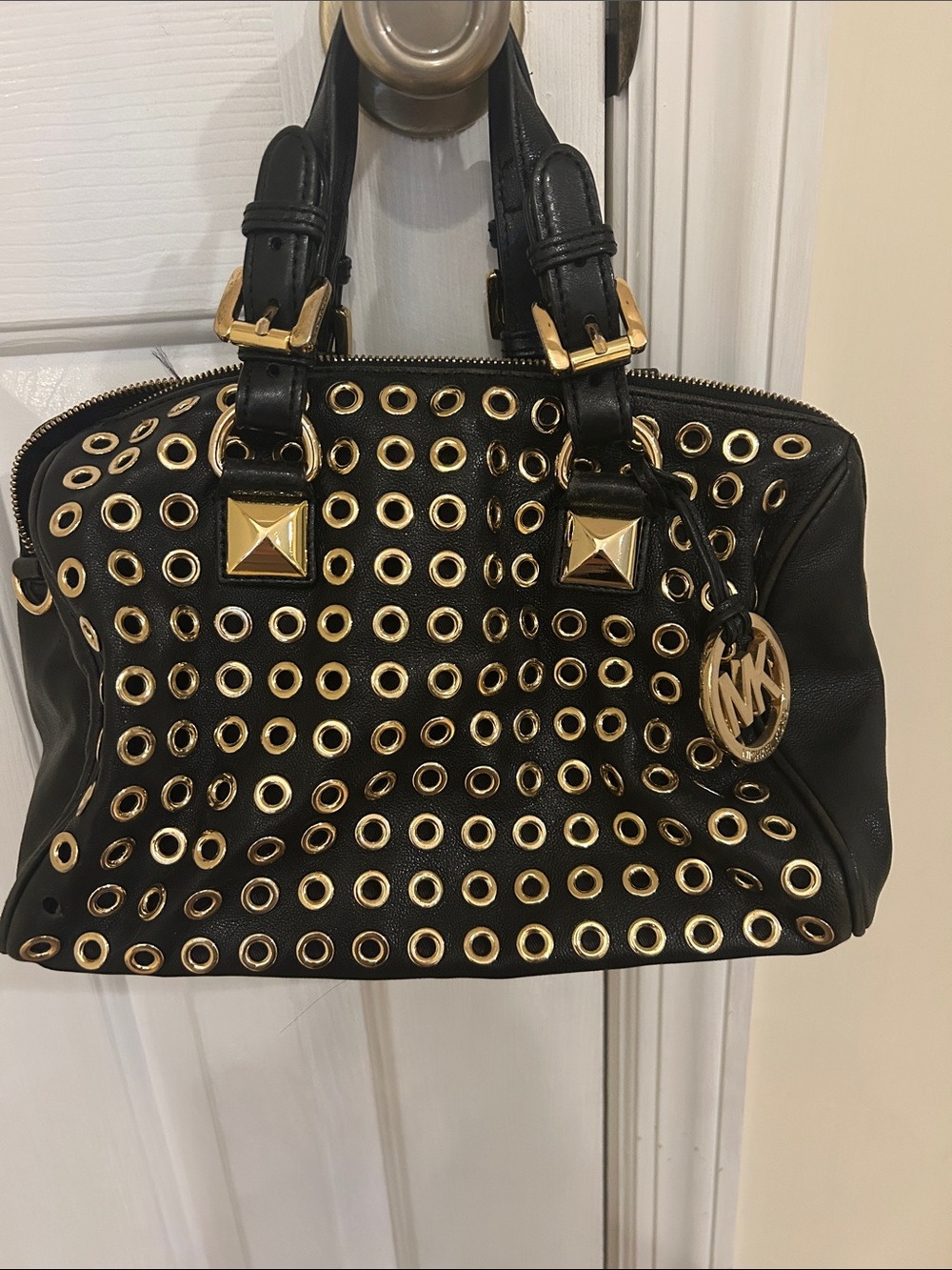 Michael Kors Black Leather Satchel with Gold Grommet Accents